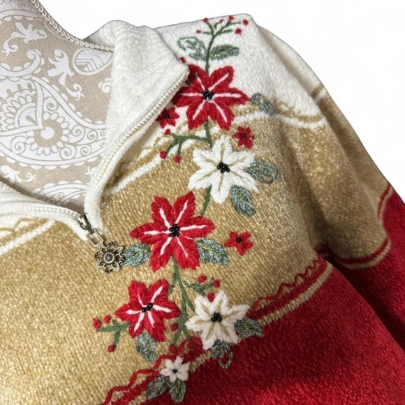 Vintage Holiday Floral Embroidered Sweat White Brown Red and Black Size Large - Picture 3 of 6